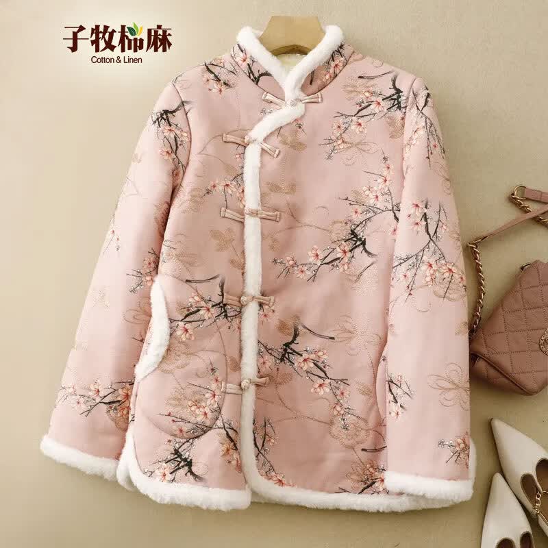 子牧棉麻冬装 女新中式加厚长毛绒棉服立领刺绣盘扣棉衣外套6415 粉色 L(建议115斤以内)