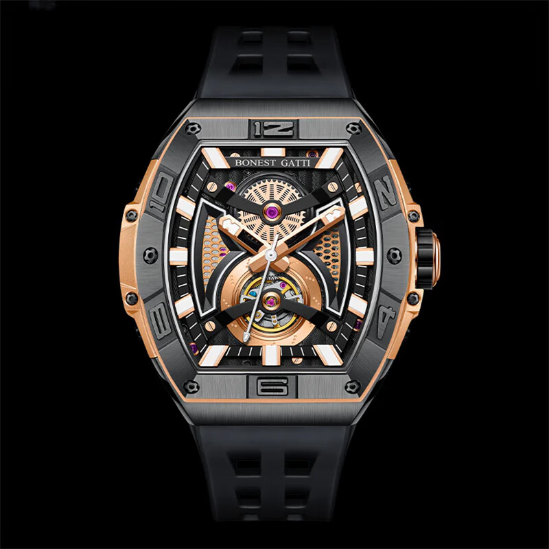 bg5701经典复古酒桶型潮流镂空表盘自动机械表男士防水腕表 黑金gold