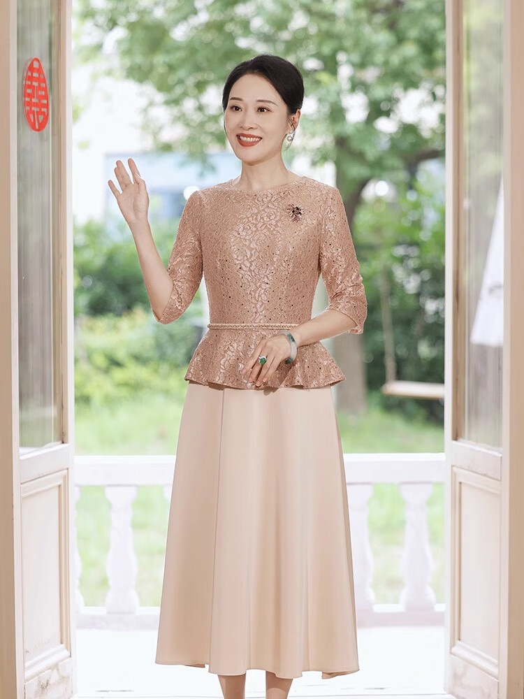 皮尔卡丹香槟色喜婆婆婚宴装旗袍连衣裙高端妈妈结婚敬酒礼服喜服婚礼