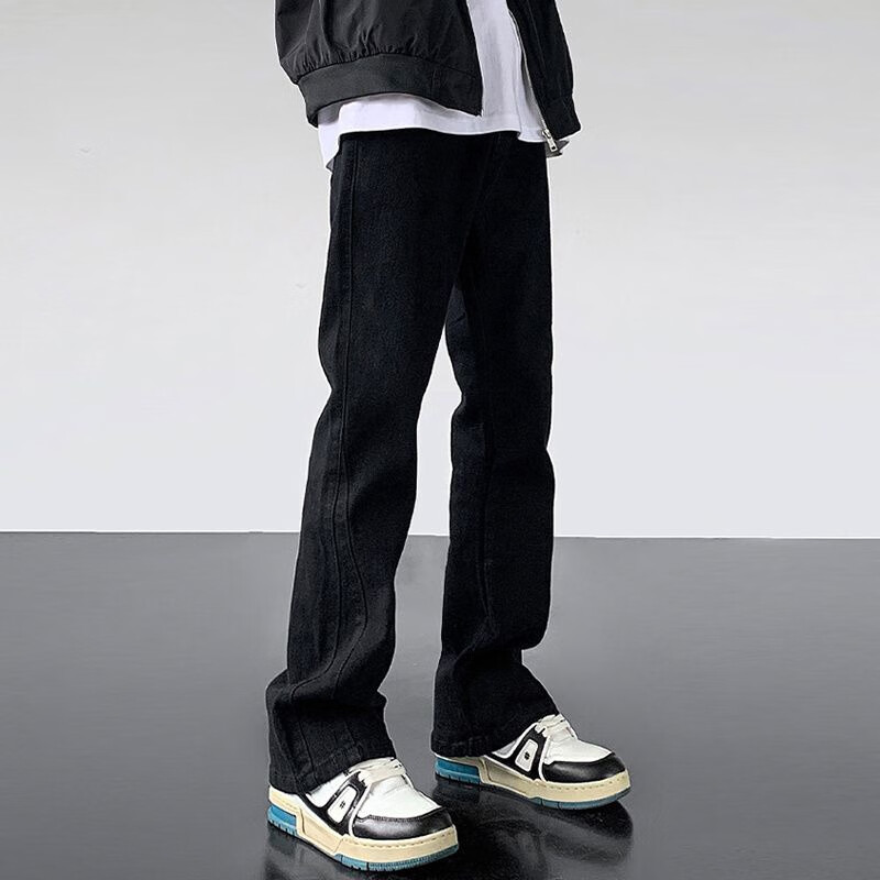 POUM牛仔裤男秋冬季黑色日常微喇叭裤百搭宽松高街长裤男裤子男学生 WKXS-K1007黑色 L 【建议100-115斤】