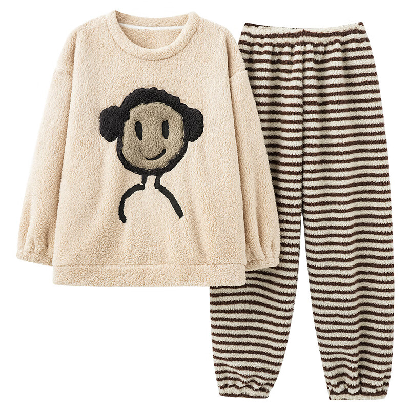 华婷露(Huatinglu)加绒加厚睡衣女长袖长裤套装宽松套头圆领长毛绒保暖加厚家居服 杏色条纹 XL (建议110-130斤穿)