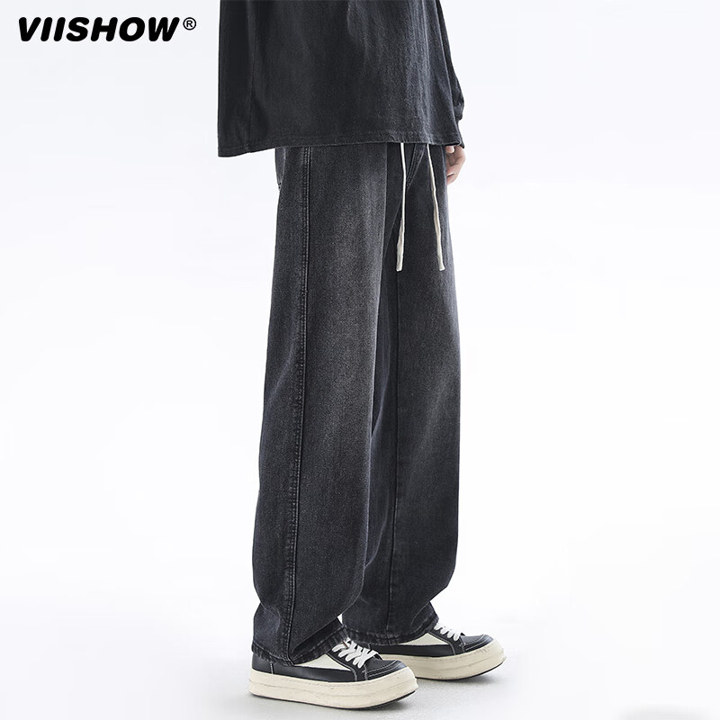 viishow水洗牛仔裤男简约复古休闲宽松百搭直筒潮牌cleanfit阔腿工装裤子 黑色 L