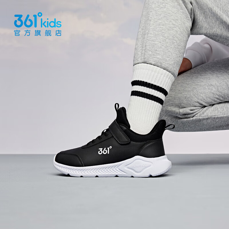 361°儿童运动鞋男童跑鞋秋冬密网轻便魔术贴女童皮革加绒保暖运动鞋 【皮革】碳黑/361度白 39