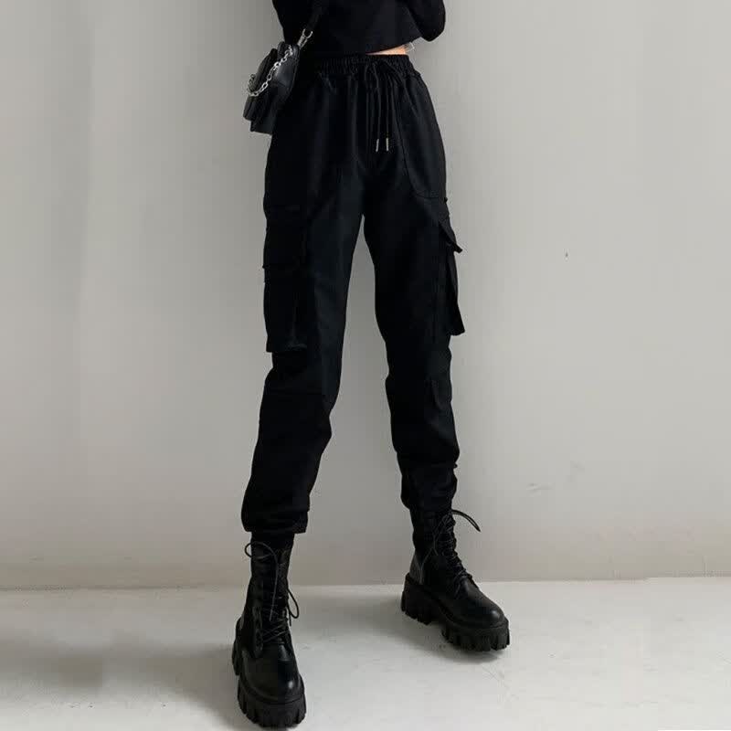 紫策夏季跳舞的裤子高腰工装裤女直筒配马丁靴工装束脚九分靴裤法式帅