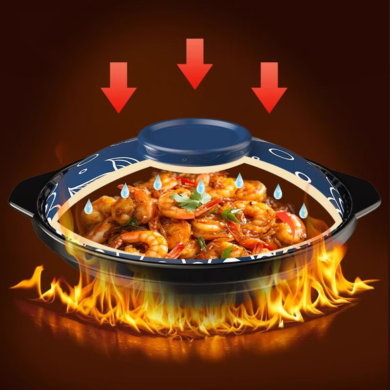 GNNDXX德国耐高温砂锅家用干烧不裂陶瓷浅锅煤气灶专用煲粥炖汤老式沙锅 年年有鱼深蓝盖浅锅 2.6L