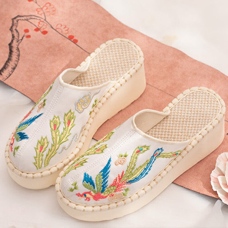 七度橙老北京布鞋女凤凰绣花拖鞋妈妈鞋民族中国风女坡跟高鞋麻棉旗袍