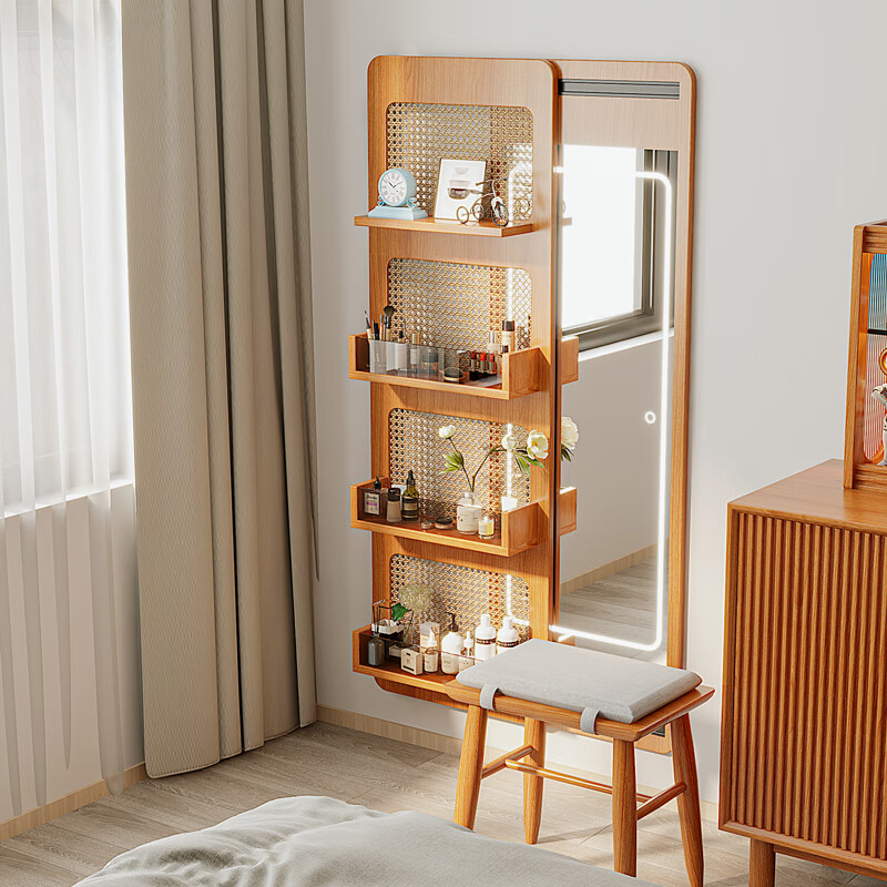 诗亭坊梳妆台卧室隐藏镜子化妆桌梳妆台实木收纳盒推拉穿衣镜一体隐藏