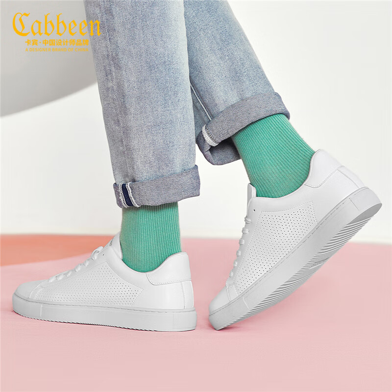 CABBEEN卡宾网红小白鞋男鞋透气平底板鞋男秋冬百搭男士运动休闲鞋男 320320556402-Z白色镂空 40