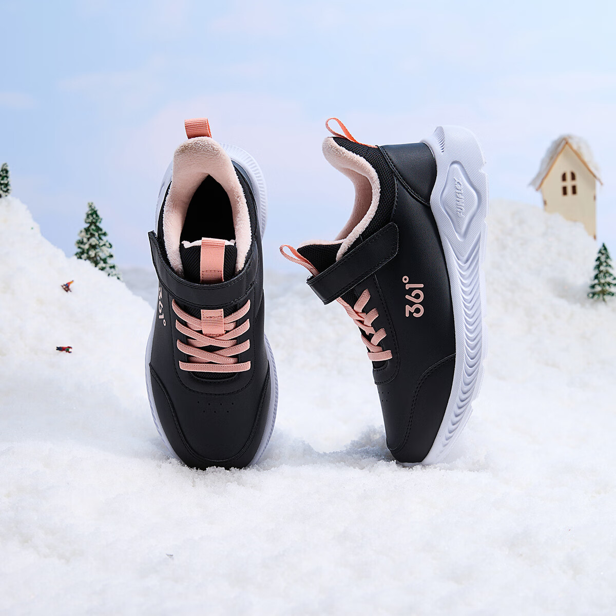 361°儿童运动鞋男童跑鞋秋冬密网轻便魔术贴女童皮革加绒保暖运动鞋 【皮革加绒】碳黑/日落粉色 36