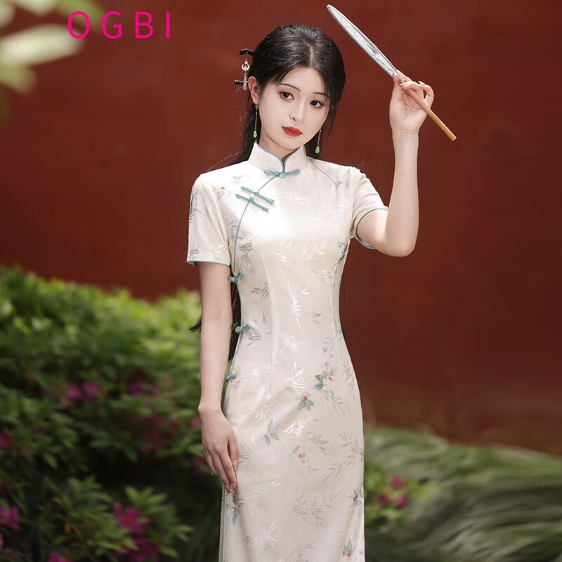 ogbi真丝旗袍裙100%桑蚕丝白色2024新款复古国风印花淡雅年轻款少女小
