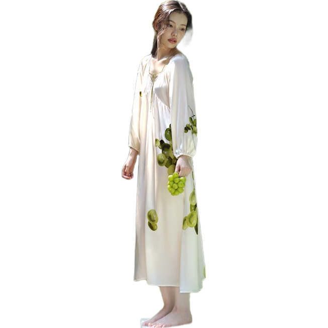 桑罗假日葡萄真丝长款睡裙宽松舒适氧气感可外穿轻礼服裙家居服女送礼 L