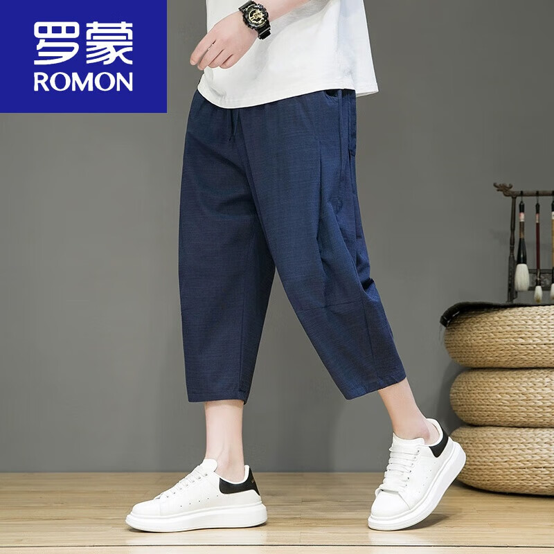 羅蒙（ROMON）男士亞麻七分褲夏季薄款男褲子寬松休閑短褲大碼中國(guó)風(fēng)棉麻沙灘褲 藏青色 4XL