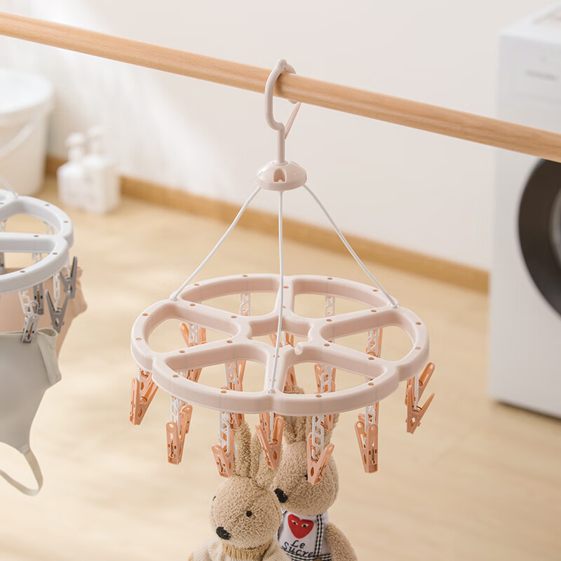 茶花（CHAHUA）晾晒衣架多夹子晒袜子神器圆形晾衣夹内衣架 灰色晒衣架（24夹）