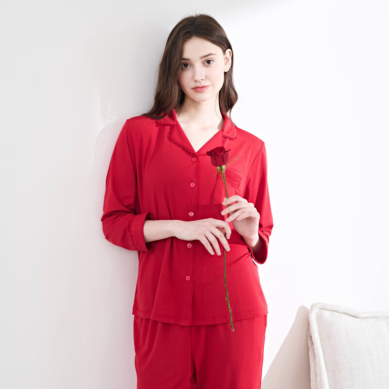 绮瑞家居服女春夏长袖薄款莫代尔开衫翻领本命年红色睡衣套装宽松 红色 XL(适合120-140斤)