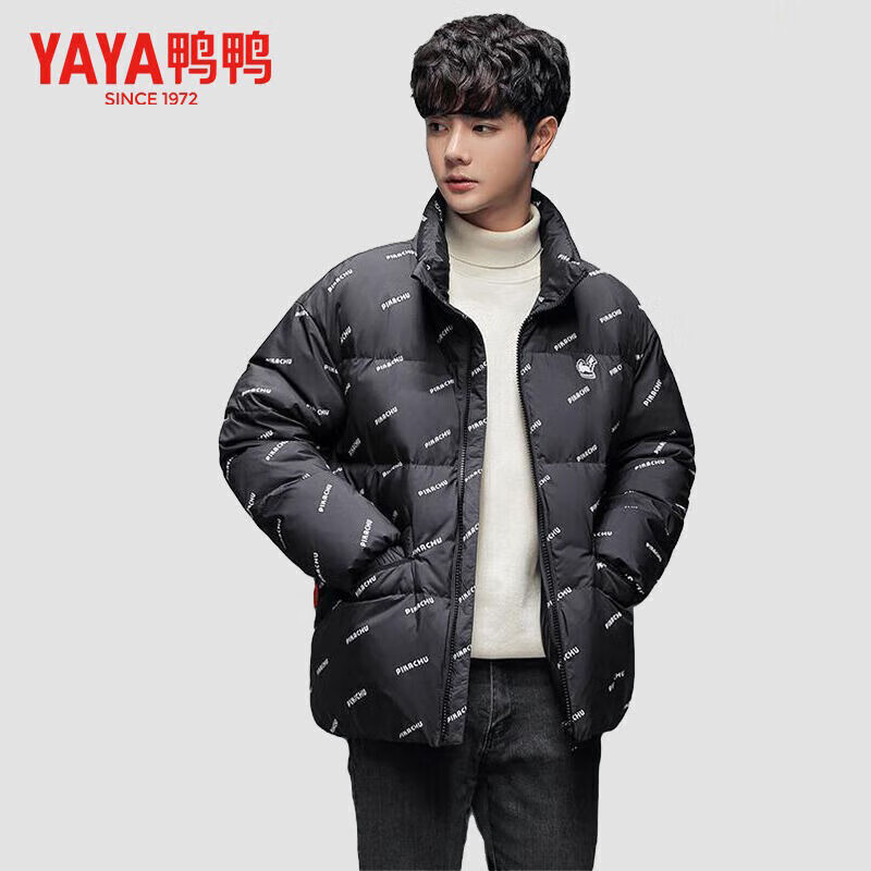 鸭鸭(YAYA)时尚卡通图案2025冬季新款情侣短款宽松羽绒服男女同款时尚外套 黑色 L 【120-145斤】