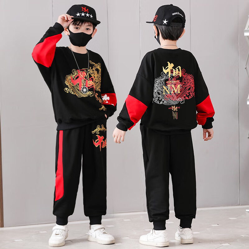 宇龙童话童装男童套装春秋装儿童中国风国潮红色男孩帅气运动秋款衣服 黑色春秋套装（衣服裤子） 170