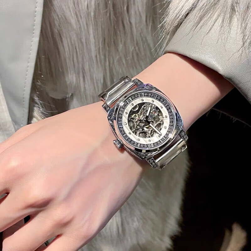 潮女必备时尚酷男女式陀飞轮全自动机械腕表男镂空运动防水送礼物 银白红带