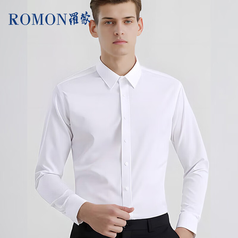 罗蒙（ROMON）纯色商务职业正装男士白衬衫工装外套长袖衬衣男CS108白色3XL