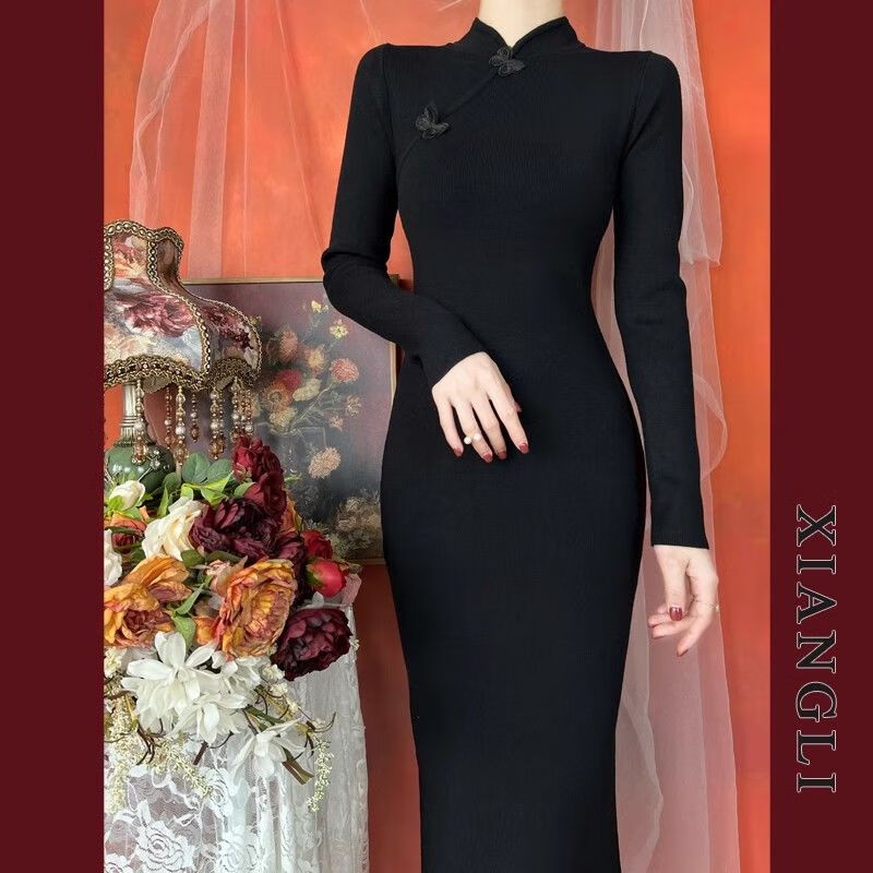 风中式复古温柔国风优雅秋冬新款针织开叉旗袍长袖改 黑色 商城品质 s