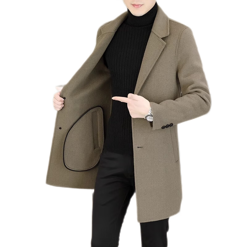 皮爾卡丹（pierre cardin）鵝絨羽絨衣服雙面呢大衣男士羊毛呢子風衣中長款羊絨外套春秋冬季 卡其(羊毛) M 95-120斤