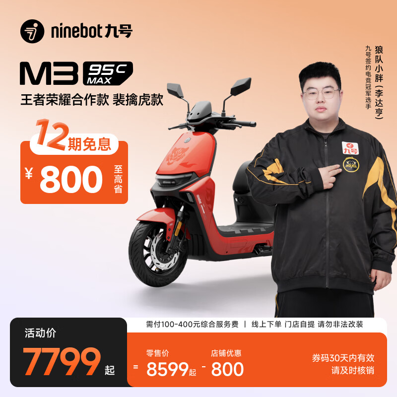 九号（Ninebot）2025款电动摩托车 M3 95c MAX 王者荣耀合作款 裴擒虎 高端铅酸电摩【门店自提】 到门店选颜色