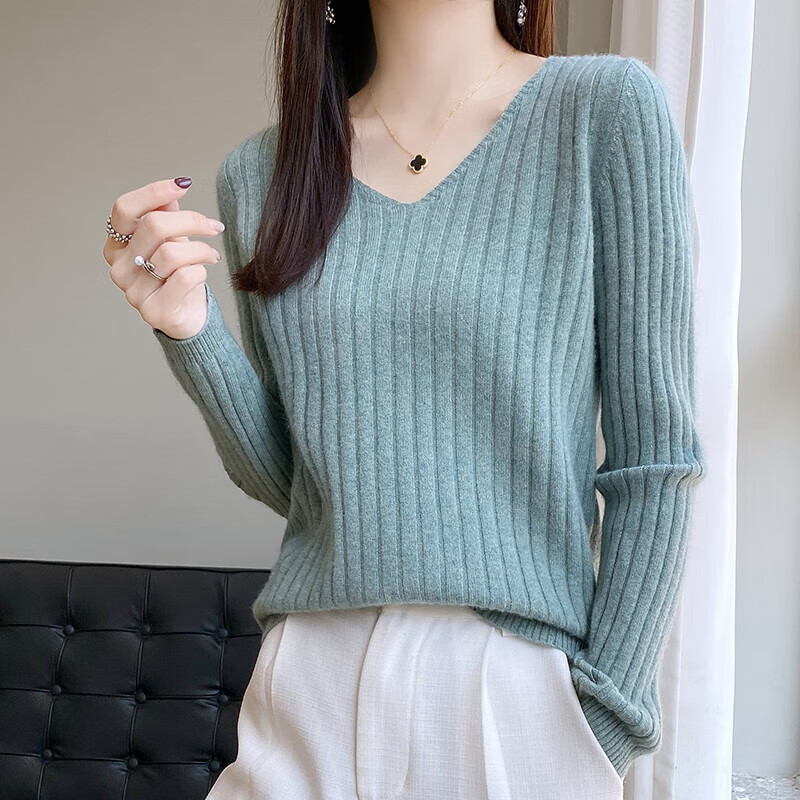 香影芬V领长袖针织衫女打底衫女套头洋气内搭毛衣女简约百搭纯色上衣 白色 M (建议95-105斤)