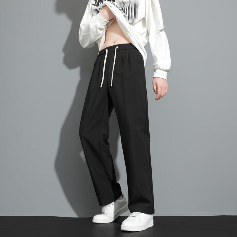 PBOA加绒宽松休闲西装裤男抽绳松紧腰秋冬直筒垂感阔腿长商务西服裤子 黑色【长裤】 4XL (建议180-200斤)