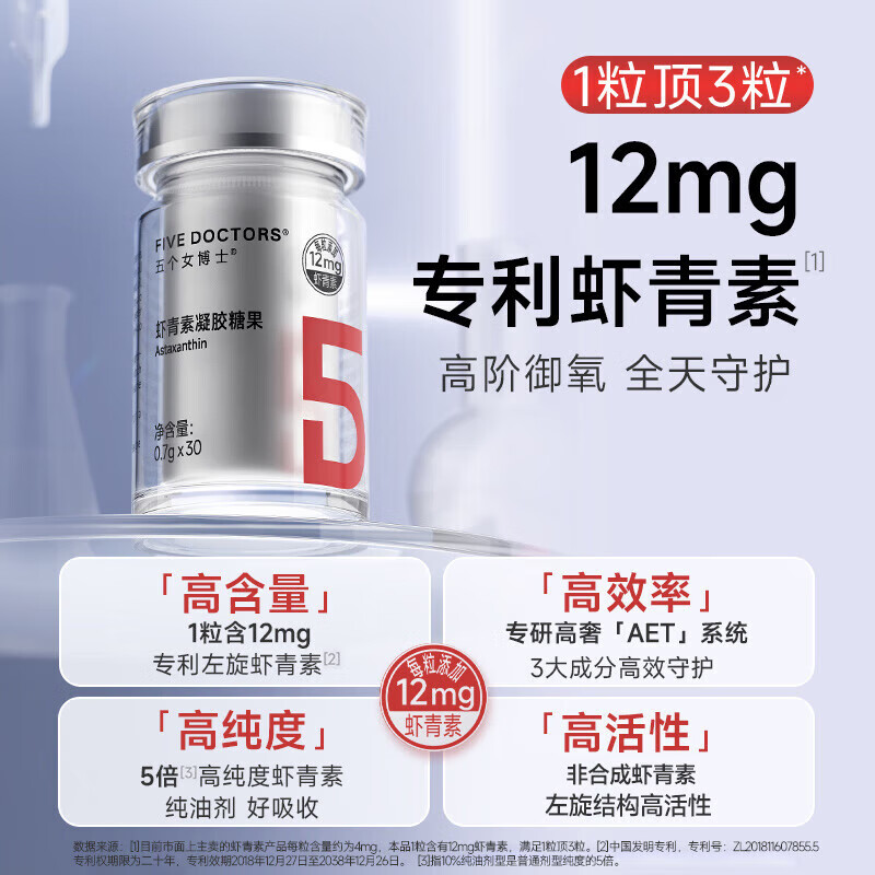 五个女博士虾青素口服胶囊凝胶糖果 专利虾青素雨生红球藻金顶侧耳进口白番 天然虾青素(30粒*1盒)