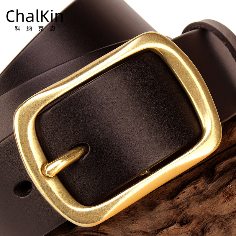 CHALKIN加长皮带男士真皮黄铜针扣式无夹层头层纯牛皮休闲百搭大码腰带 深咖/加长140-150CM