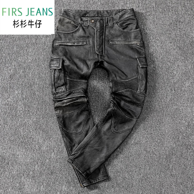 FIRS JEANS杉杉牛仔皮裤男真皮牛皮哈雷机车皮裤阿美咔叽复古做旧猎装骑行服 黑灰色(高端正品专柜) 2XL