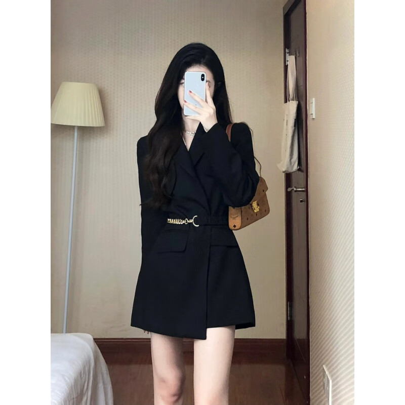 米菲韵(mifeiyun)黑色幂式穿搭西装连衣裙女套装秋冬季小香风法式收腰