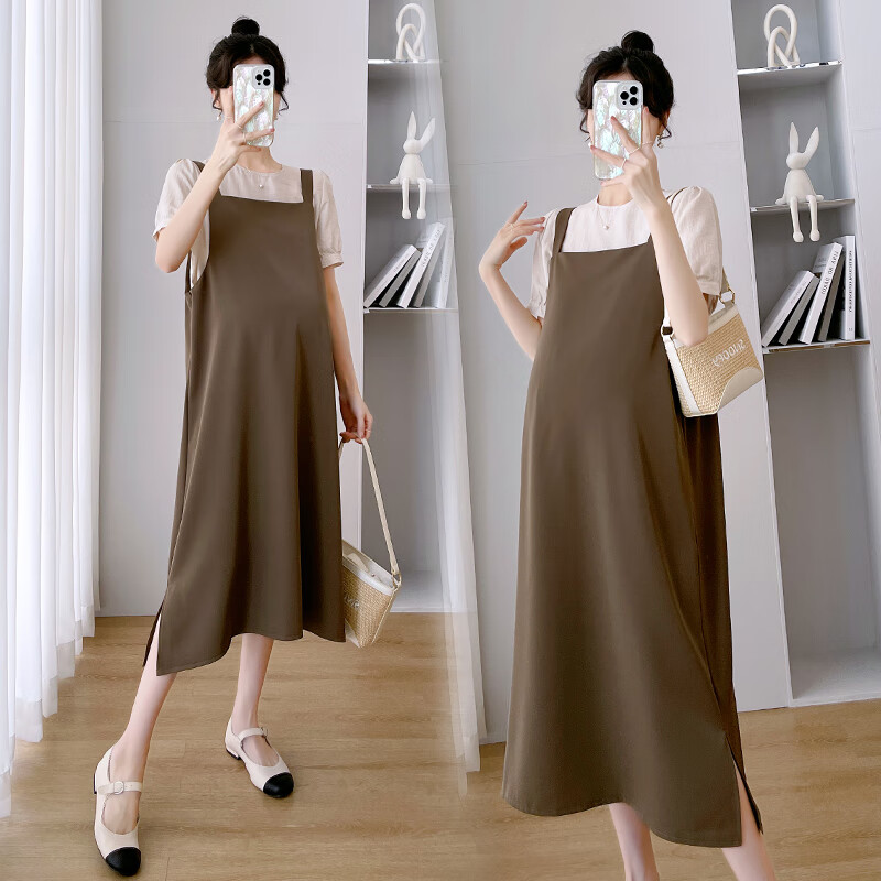 苒琦妈咪孕妇装夏季新款大码宽松时尚显瘦背带假两件拼接短袖孕妇