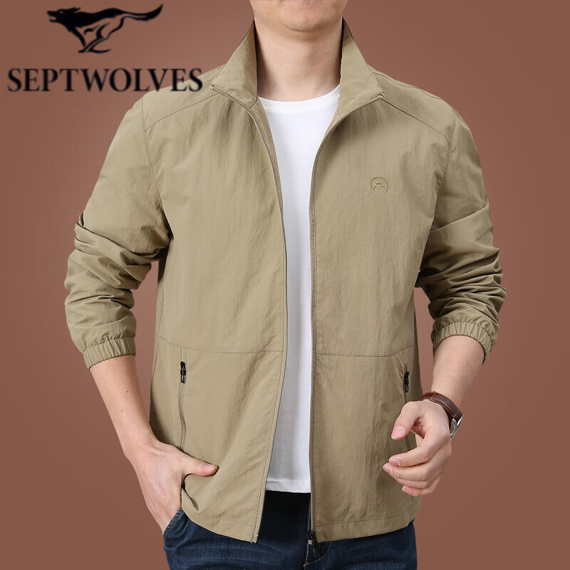 七匹狼夹克专家秋冬加绒外套男工装休闲夹克2025新款大码男装速干透气立领上衣男 卡其色【绣花春秋款】 3XL