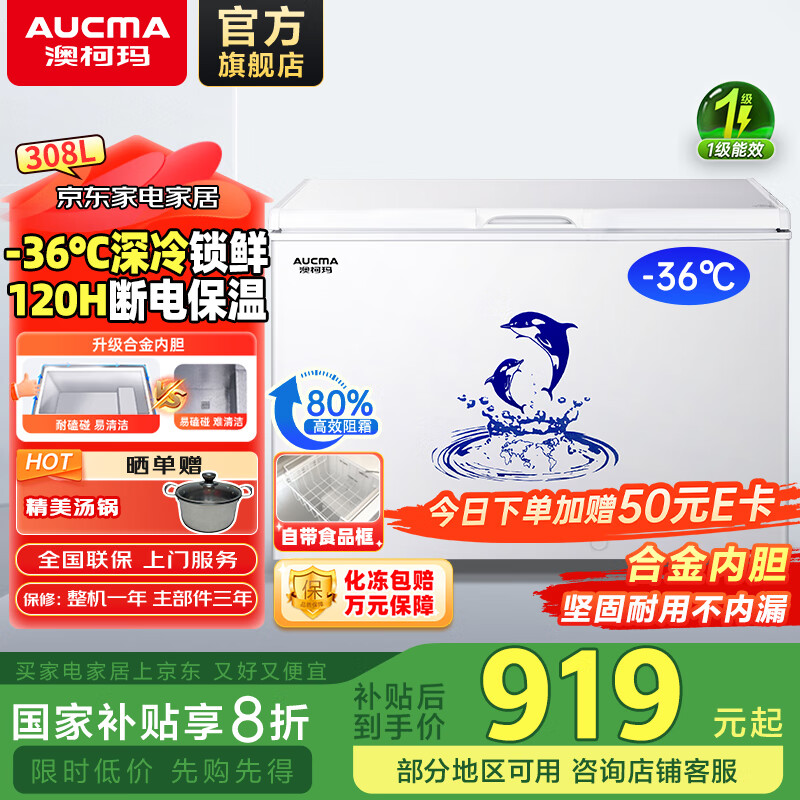 澳柯玛（AUCMA）308升低霜卧式商用家用冰柜 商用大容量冷藏柜大冷冻柜 家用冰箱雪糕柜大冷柜一级能效以旧换新 BC/BD-308HNE【京仓发货】 308L