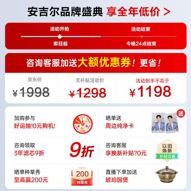 安吉尔 肖战代言 净水器家用T1C 滤除水垢纯水机 五芯五级反渗透精滤直饮水机 自来水过滤器 厨下净水机 J1105-ROB8