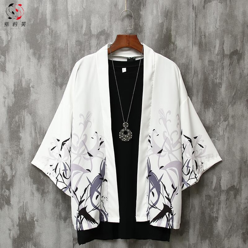 紫矜芙中國漢服古風(fēng)道袍日系和服開衫dk羽織秋季男女冰絲戶外衣襯衫外套 三千鴉殺白 2XL