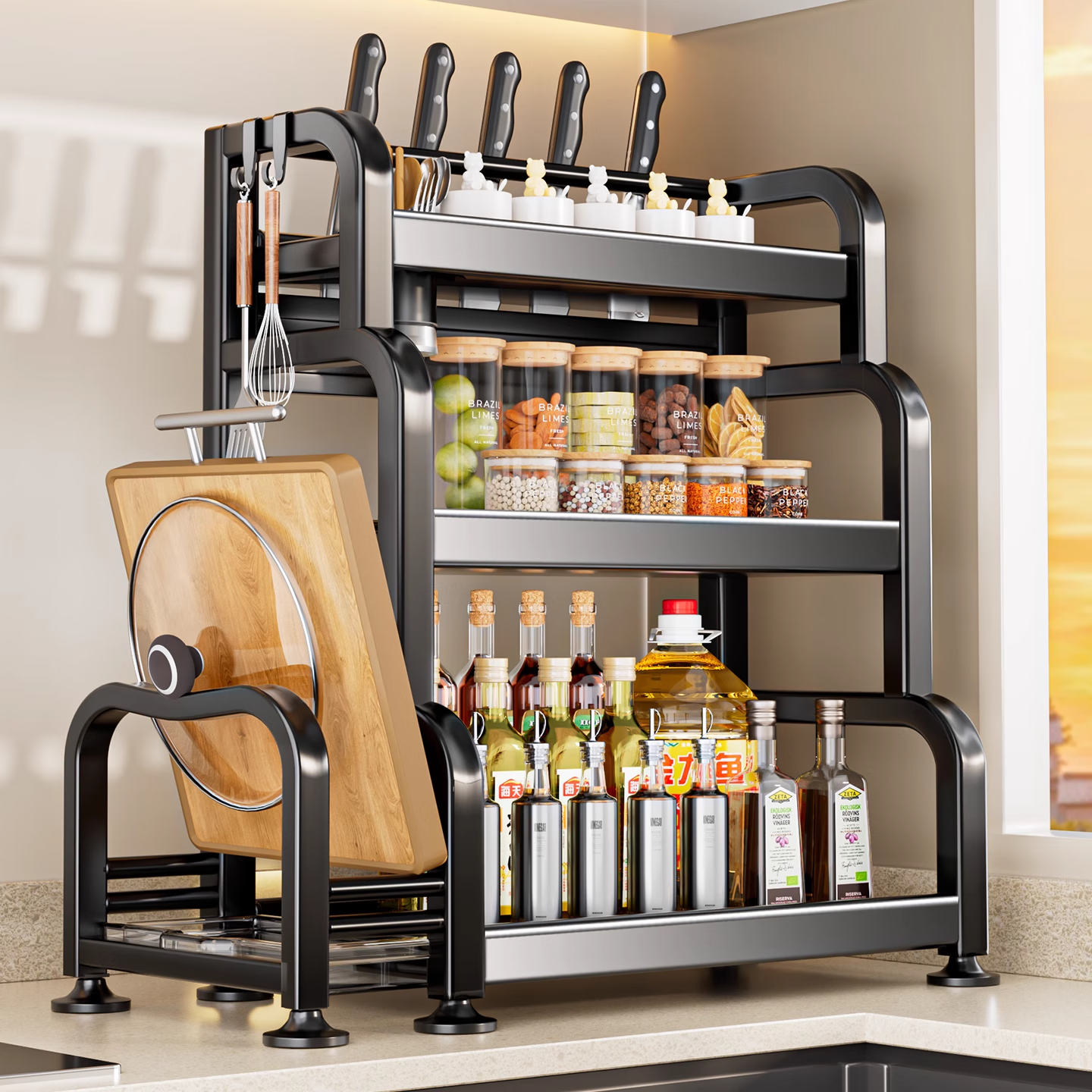 衣炫厨房置物架多功能调料品收纳架多层家用灶台面调味品盐调味料架子 【双层30cm】砧板架+刀架+挂钩*6