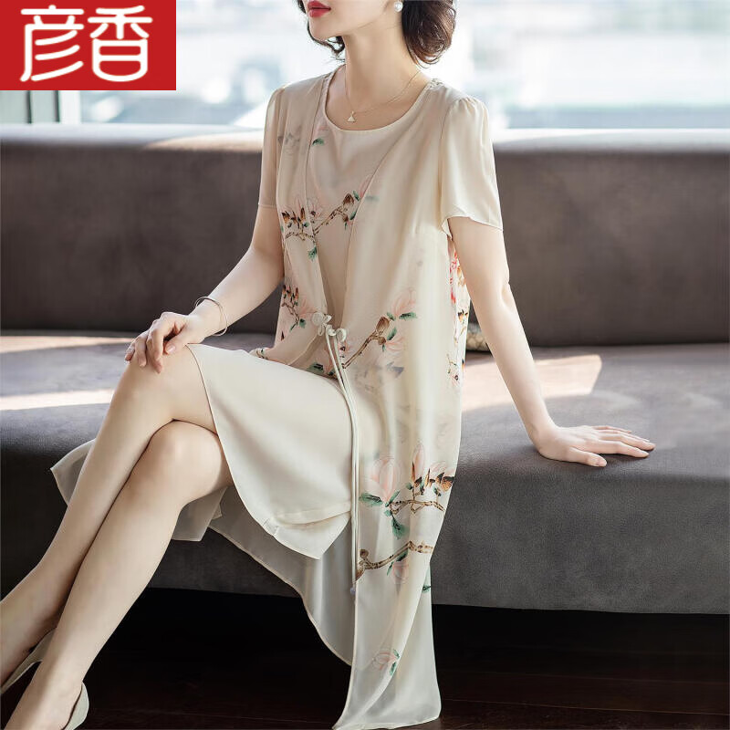 彦香（YANXIANG）妈妈夏装新中式国风连衣裙中老年女洋气质2024新款雪纺短袖长裙子 绿色 XL