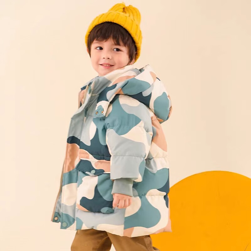 康博男童女童羽绒服宝宝中长款新款洋气加厚冬季儿童保暖外套 绿色迷彩120 130