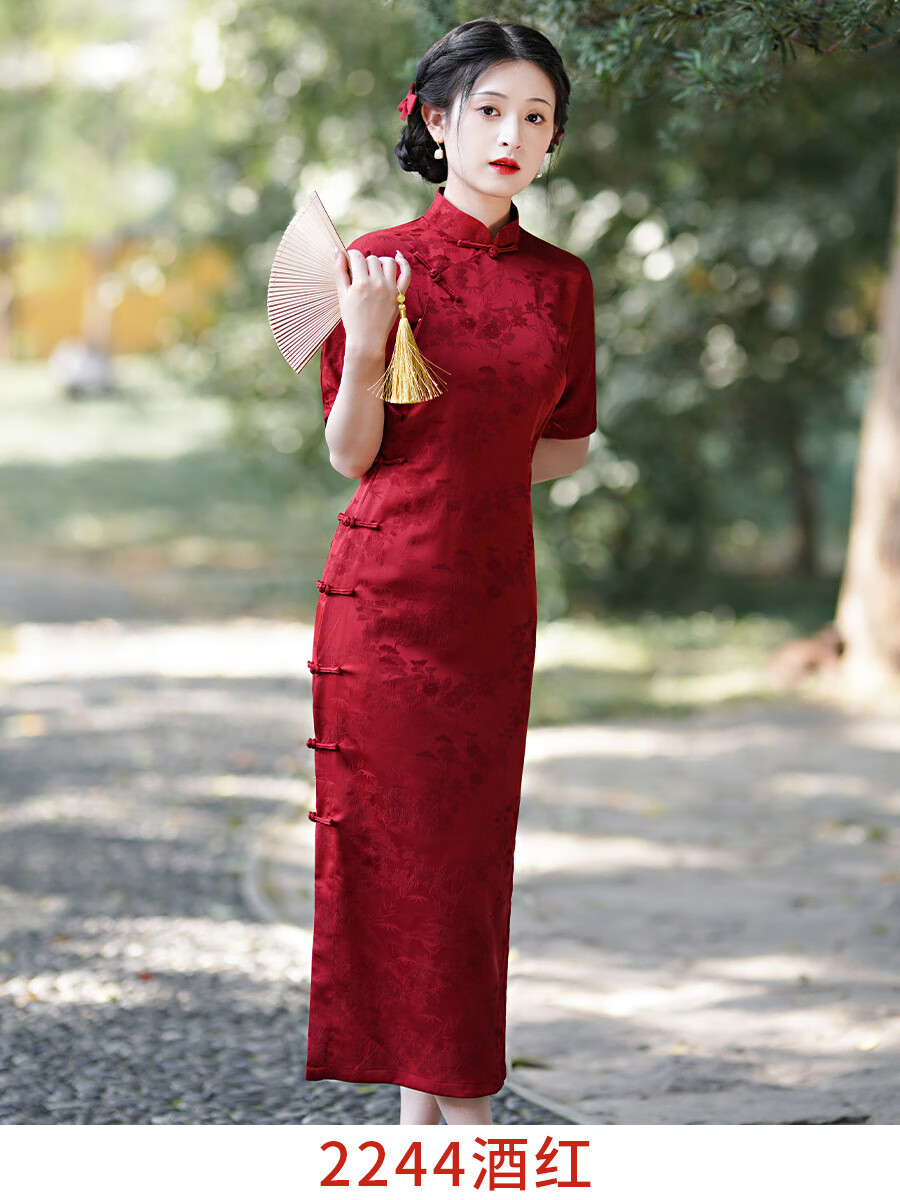 汐汐复古风气质酒红真开襟旗袍年春季新款老上海民国千金范 酒红色 s