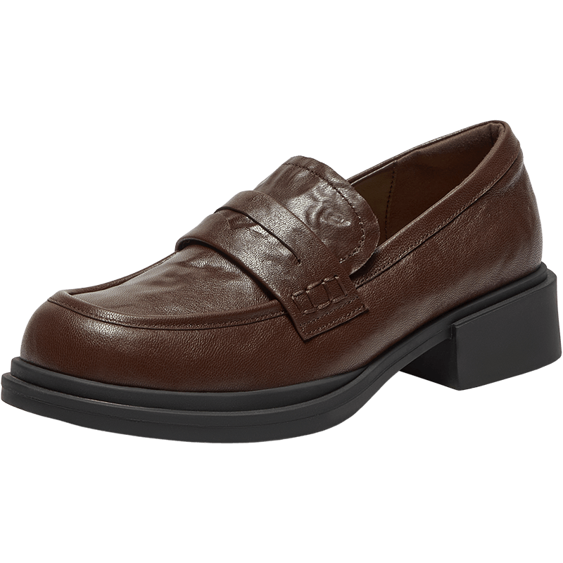 拔佳Bata樂福鞋女春秋學(xué)院英倫風(fēng)羊皮粗跟通勤單鞋45061CA5 棕色 37