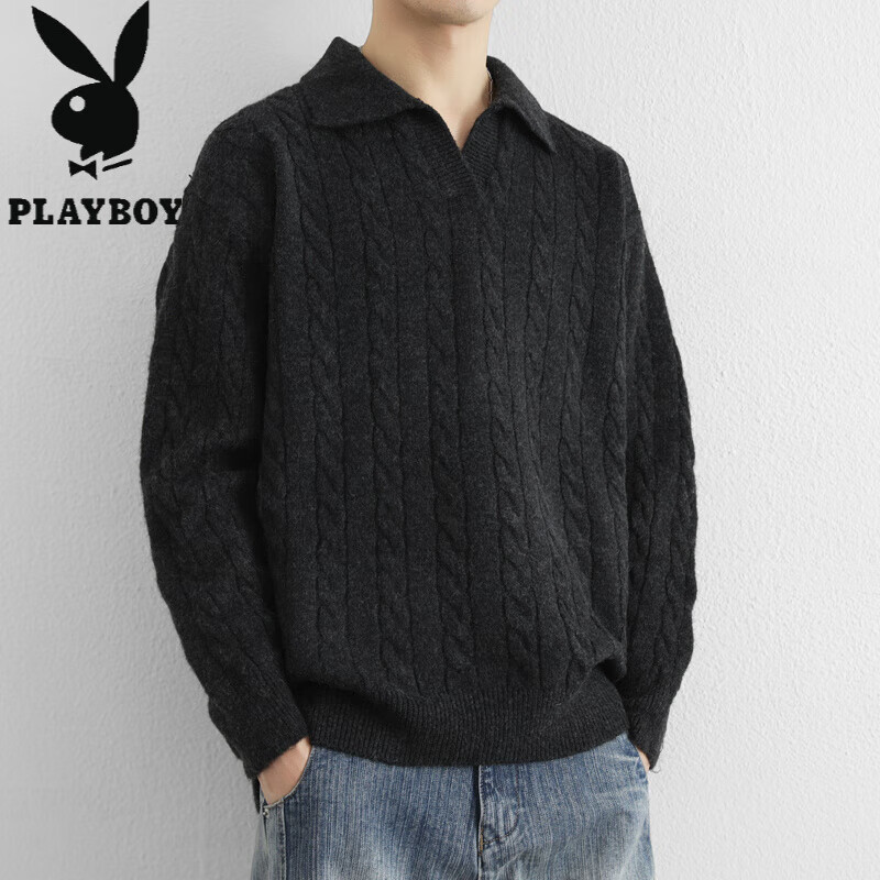 花花公子（PLAYBOY）美式复古慵懒麻花纹理假两件翻领套头毛衣男宽松拼接针织衫外套潮 黑色 M