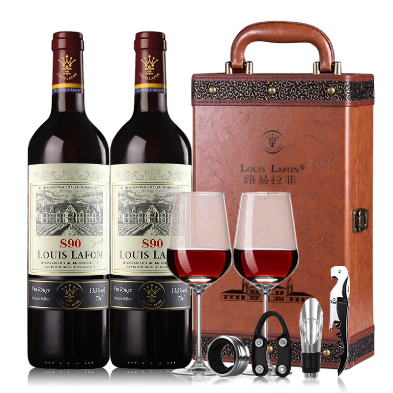 路易拉菲（LOUIS LAFON）法国进口红酒赤霞珠梅洛干红葡萄酒 750ml*2瓶红酒双支礼盒送礼