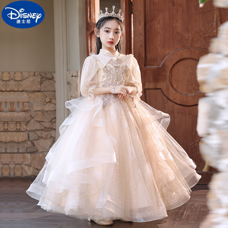迪士尼（Disney）高定小主持人禮服女童輕奢花童婚禮森系生日公主裙高級(jí)鋼琴表演服 香檳色 140碼身高130-135cm年齡9-10歲