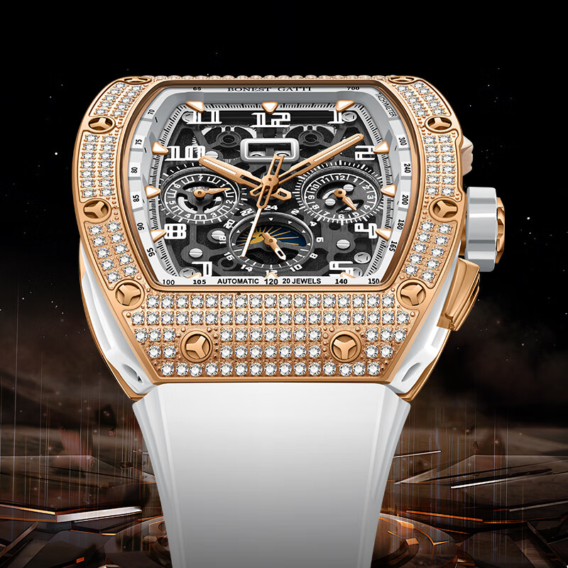 布加迪(BONEST GATTI)德国全自动机械手表镂空商务运动男士腕表情人节生日礼物送男友 BG5004-R1银壳黑面黑胶带 44mm