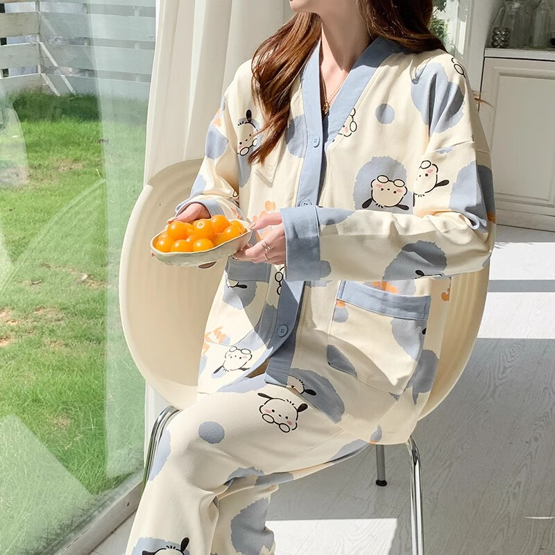 松山棉店春秋季睡衣女純棉可愛學生韓版大碼和服套裝長袖開衫夏冬款家居服 HMF65373 M (建議75-95斤)