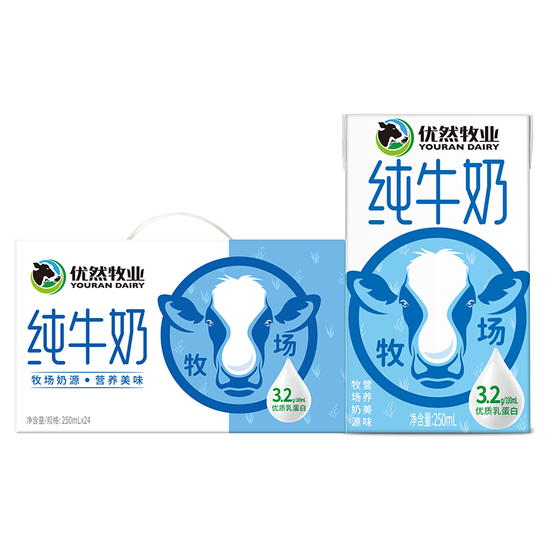 plus会员:优然牧业纯牛奶250ml*24盒整箱 营养早餐牛奶 礼盒装