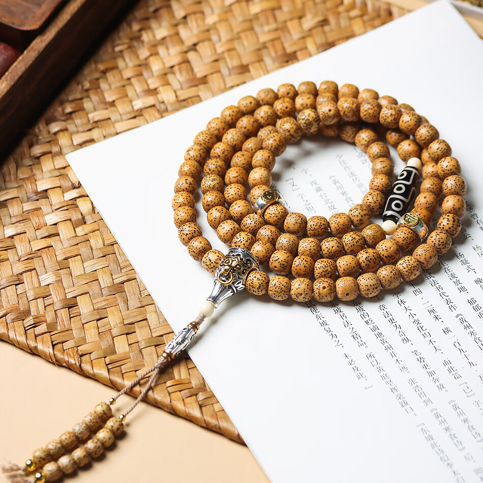 海南星月菩提黄金陈籽老料鸡油黄老型桶108颗藏银三通天珠款手串 鸡油黄藏银天珠款（910mm）