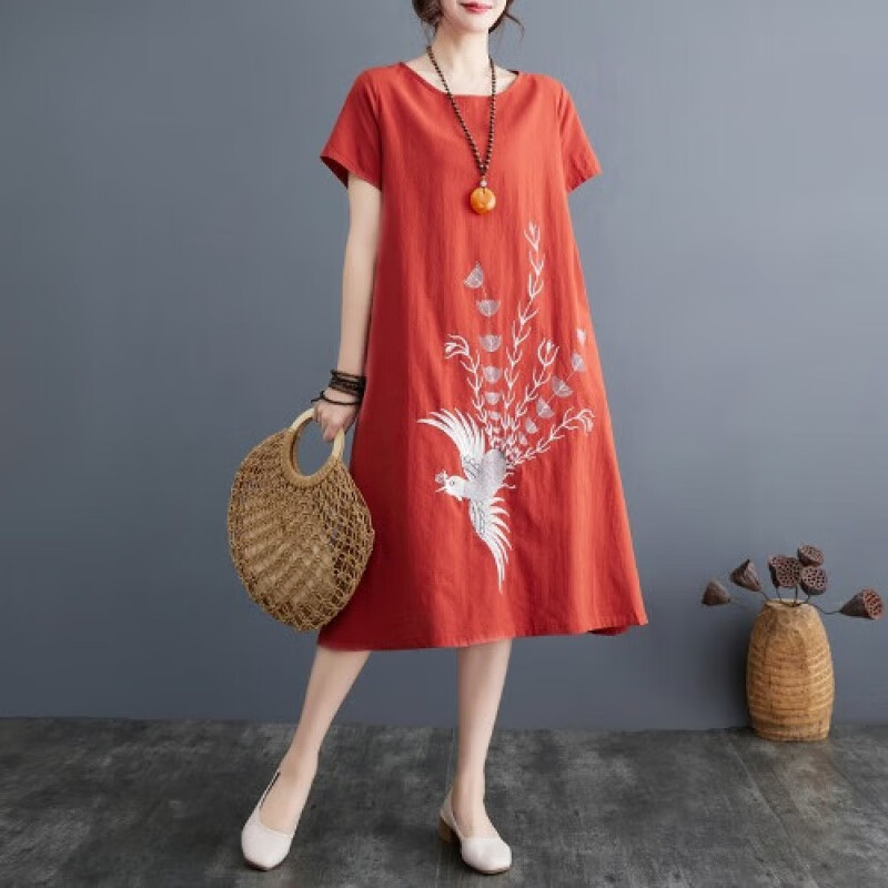 花九卿麻料女裝亞麻高級(jí)連衣裙夏寬松刺繡女A字顯瘦文藝棉麻短袖 磚紅色 M 建議100-125斤