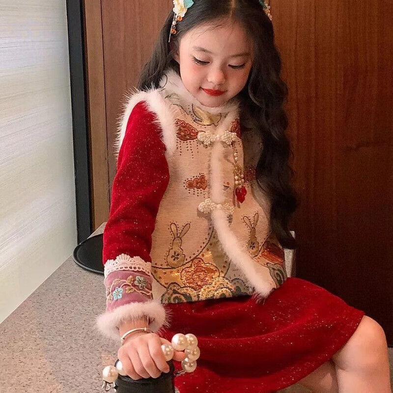 【工厂直供】女童平安锁中国风连衣裙儿童冬红色新年衣服加绒旗袍 单件马甲 90